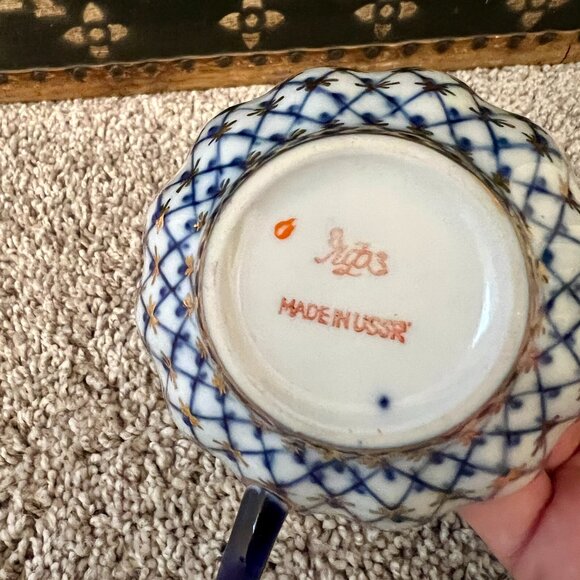 Lomonosov Imperial Russian Porcelain Tea Cup Saucer Plate Cobalt Blue Net Tulip - Picture 4 of 4